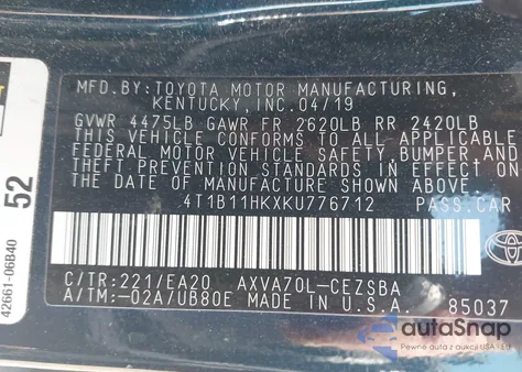 2019 Toyota Camry Se from USA, damaged, VIN 4T1B11HKXKU776712